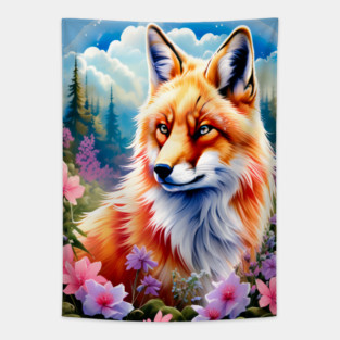 Red Fox with Flowers and Forests Tapestry