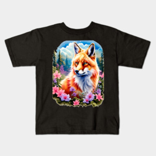 Red Fox with Flowers and Forests Kids T-Shirt