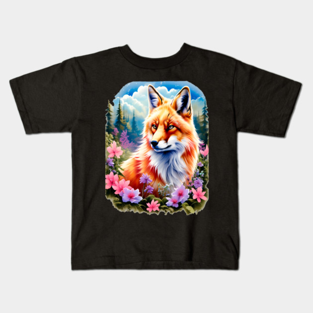 Red Fox with Flowers and Forests Kids T-Shirt by BirdsnStuff