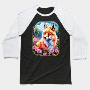 Red Fox with Flowers and Forests Baseball T-Shirt