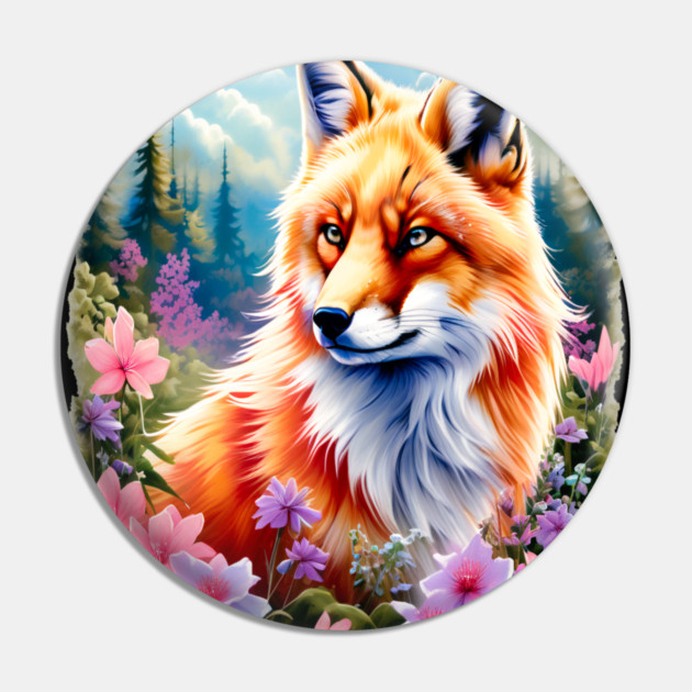 Red Fox with Flowers and Forests Pin by BirdsnStuff