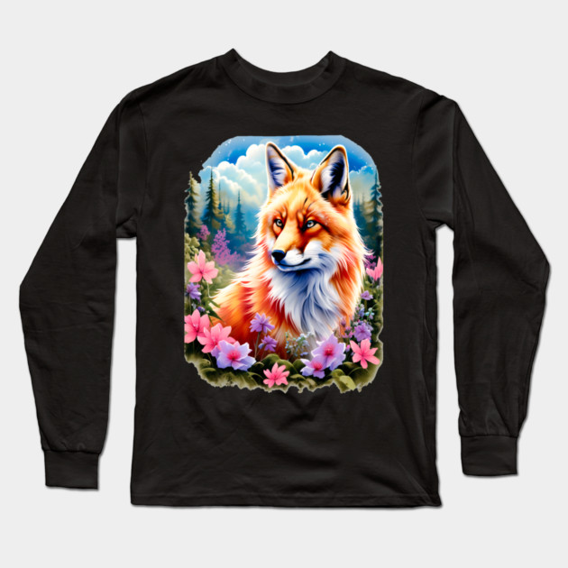 Red Fox with Flowers and Forests Long Sleeve T-Shirt by BirdsnStuff