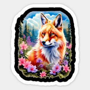 Red Fox with Flowers and Forests Sticker
