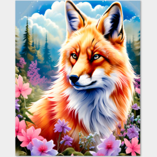 Red Fox with Flowers and Forests Posters and Art