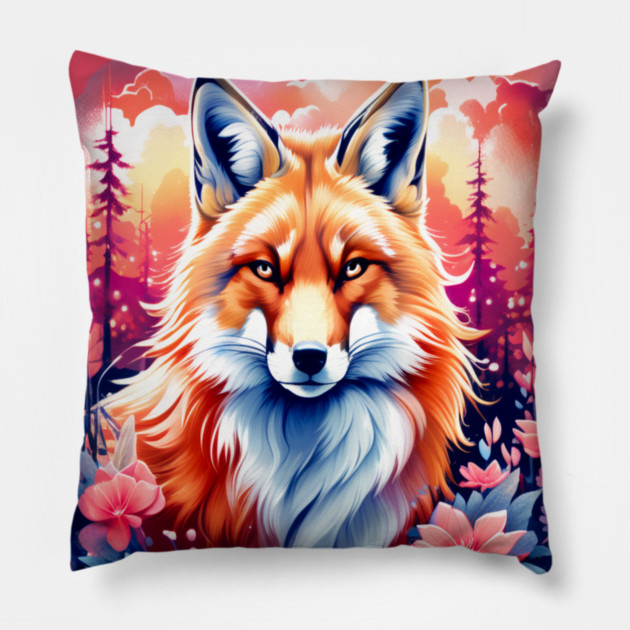 Red Fox with Bold Flowers Pillow by BirdsnStuff