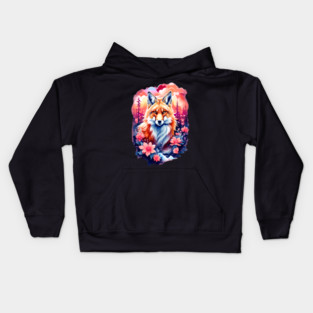 Red Fox with Bold Flowers Kids Hoodie