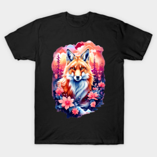 Red Fox with Bold Flowers T-Shirt