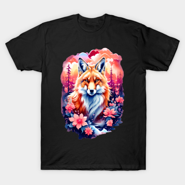 Red Fox with Bold Flowers T-Shirt by BirdsnStuff