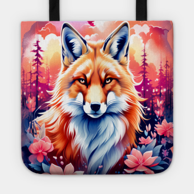 Red Fox with Bold Flowers Tote by BirdsnStuff
