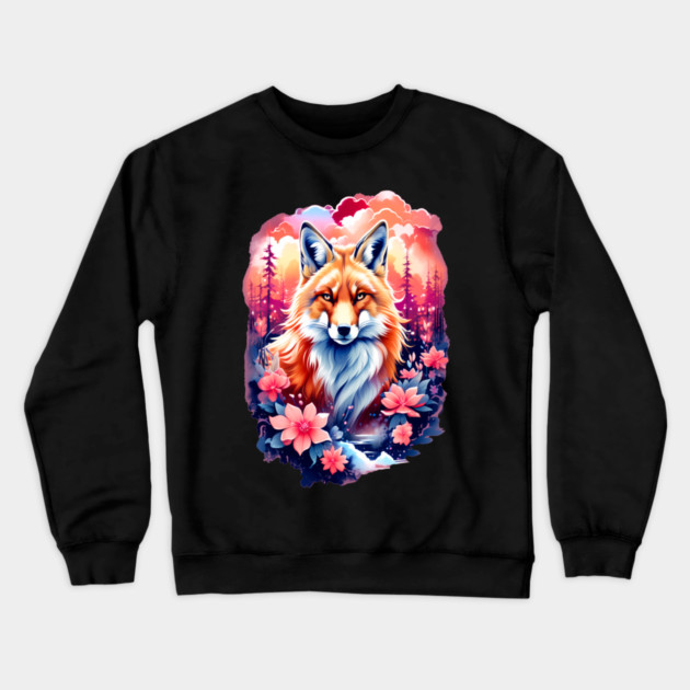 Red Fox with Bold Flowers Crewneck Sweatshirt by BirdsnStuff