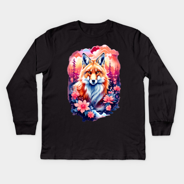 Red Fox with Bold Flowers Kids Long Sleeve T-Shirt by BirdsnStuff
