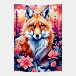 Red Fox with Bold Flowers Tapestry