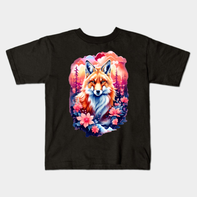 Red Fox with Bold Flowers Kids T-Shirt by BirdsnStuff
