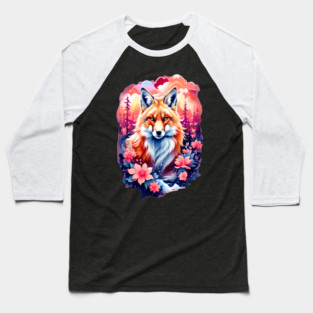 Red Fox with Bold Flowers Baseball T-Shirt