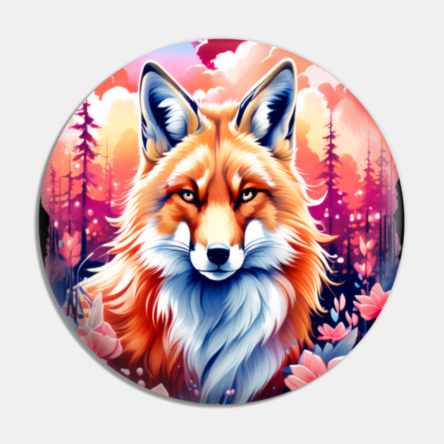 Red Fox with Bold Flowers Pin by BirdsnStuff