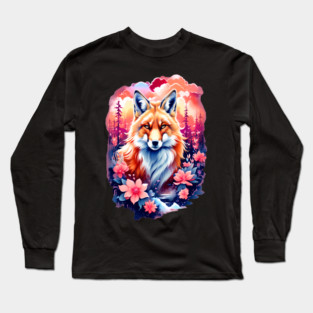 Red Fox with Bold Flowers Long Sleeve T-Shirt