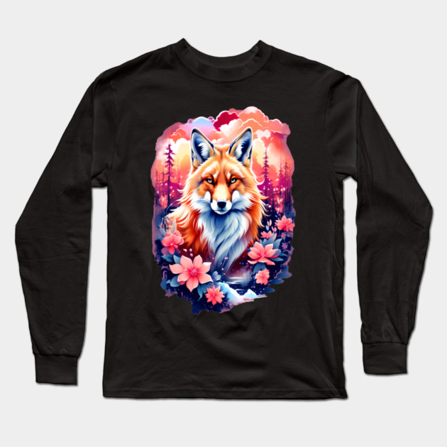 Red Fox with Bold Flowers Long Sleeve T-Shirt by BirdsnStuff