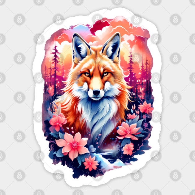 Red Fox with Bold Flowers Sticker by BirdsnStuff