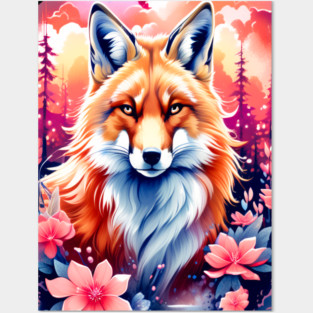 Red Fox with Bold Flowers Posters and Art