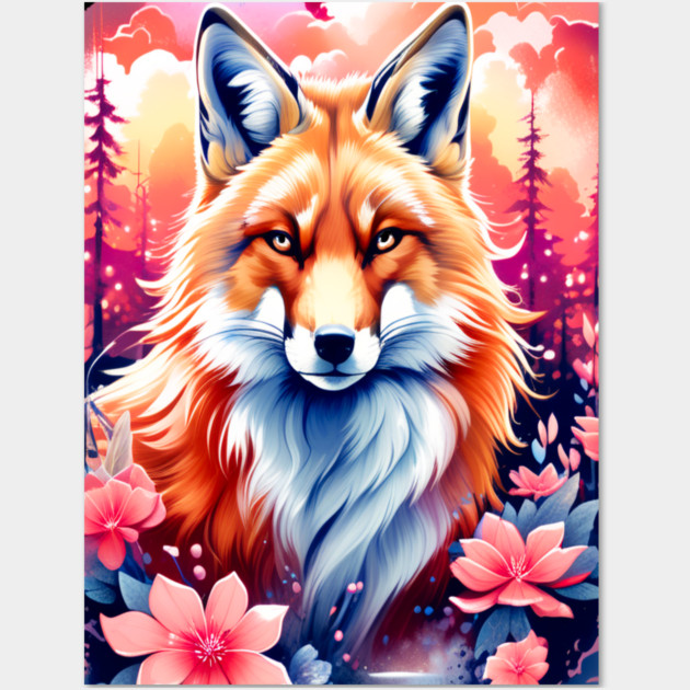 Red Fox with Bold Flowers Wall Art by BirdsnStuff