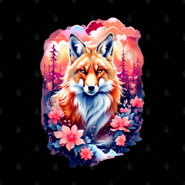 Red Fox with Bold Flowers by BirdsnStuff