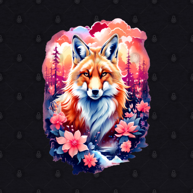 Red Fox with Bold Flowers by BirdsnStuff