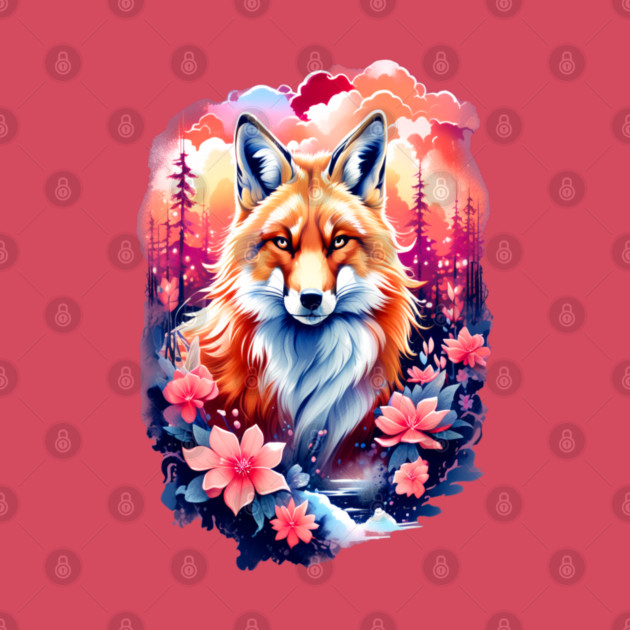Red Fox with Bold Flowers by BirdsnStuff