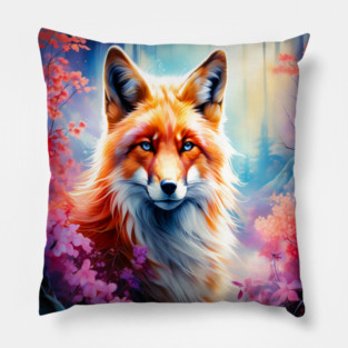 Red Fox with Flowers and Forests Pillow