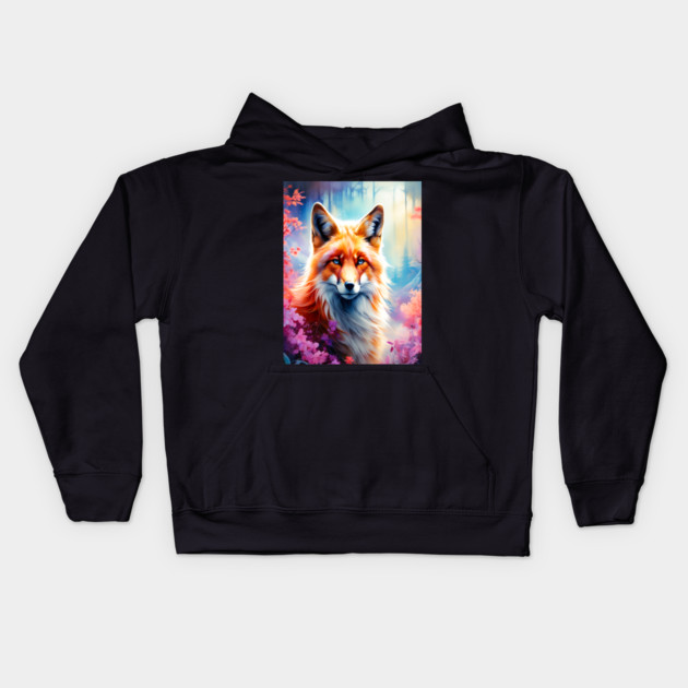 Red Fox with Flowers and Forests Kids Hoodie by BirdsnStuff