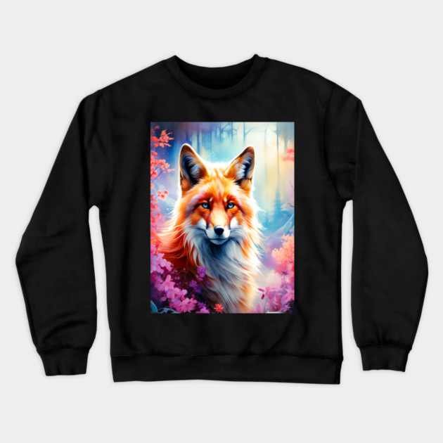 Red Fox with Flowers and Forests Crewneck Sweatshirt by BirdsnStuff