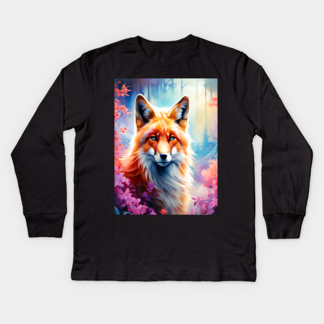 Red Fox with Flowers and Forests Kids Long Sleeve T-Shirt by BirdsnStuff