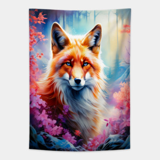 Red Fox with Flowers and Forests Tapestry
