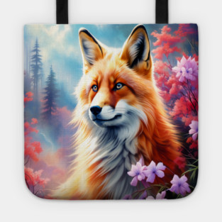 Red Fox with Flowers and Forests Tote