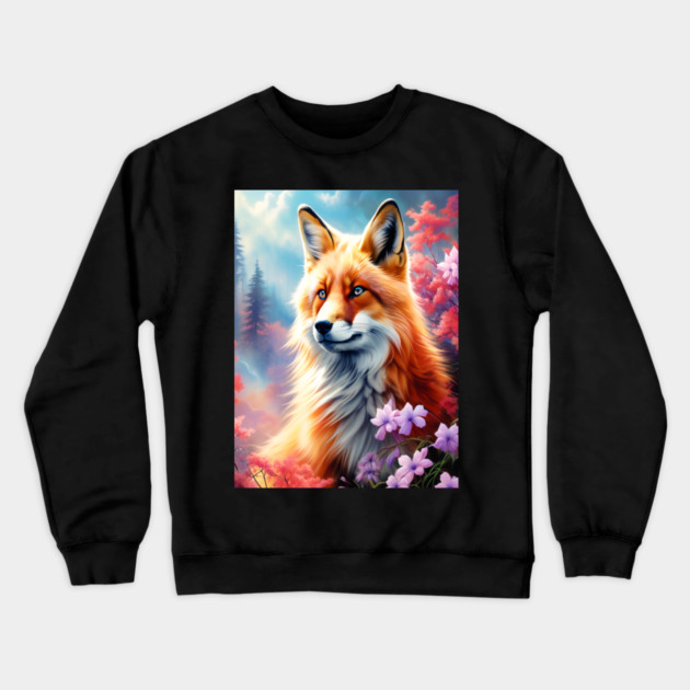 Red Fox with Flowers and Forests Crewneck Sweatshirt by BirdsnStuff