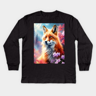 Red Fox with Flowers and Forests Kids Long Sleeve T-Shirt