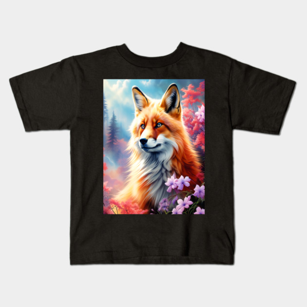 Red Fox with Flowers and Forests Kids T-Shirt by BirdsnStuff