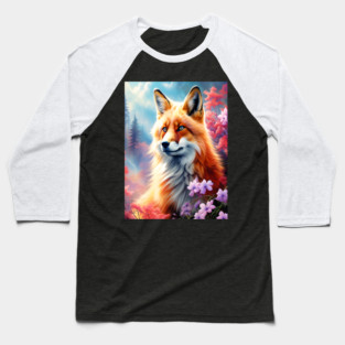 Red Fox with Flowers and Forests Baseball T-Shirt