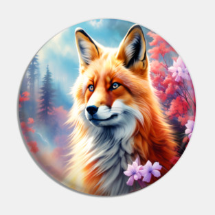 Red Fox with Flowers and Forests Pin