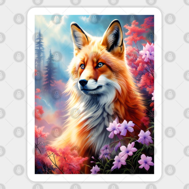 Red Fox with Flowers and Forests Sticker by BirdsnStuff