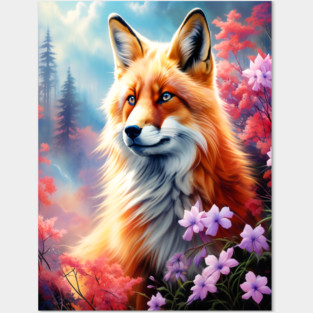 Red Fox with Flowers and Forests Posters and Art