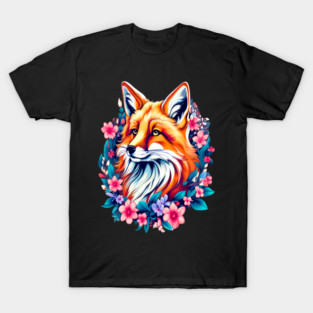 Red Fox with Bold Flowers T-Shirt