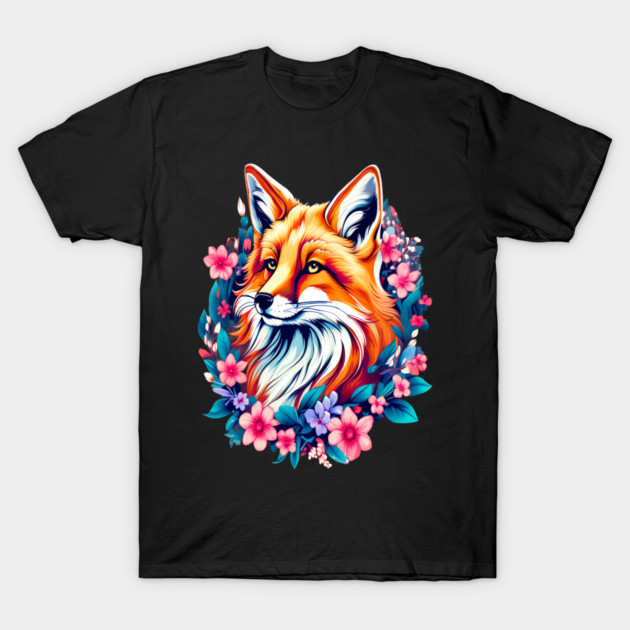Red Fox with Bold Flowers T-Shirt by BirdsnStuff