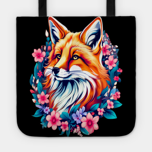 Red Fox with Bold Flowers Tote by BirdsnStuff