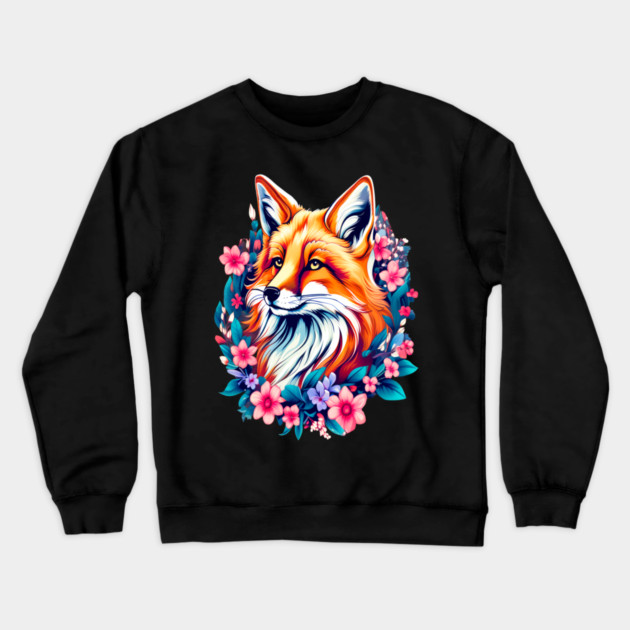 Red Fox with Bold Flowers Crewneck Sweatshirt by BirdsnStuff