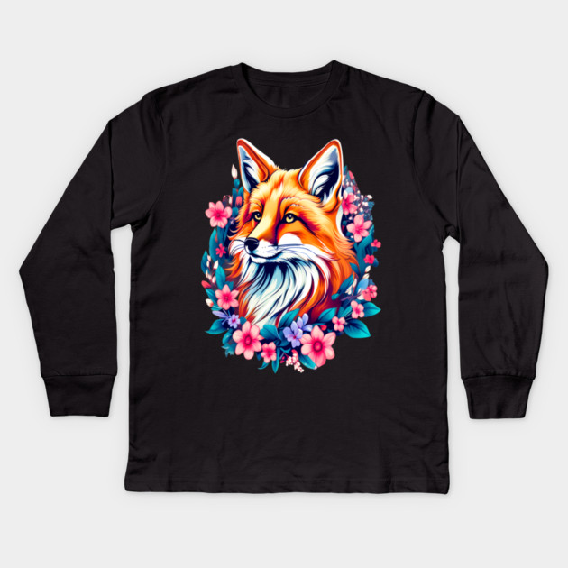 Red Fox with Bold Flowers Kids Long Sleeve T-Shirt by BirdsnStuff