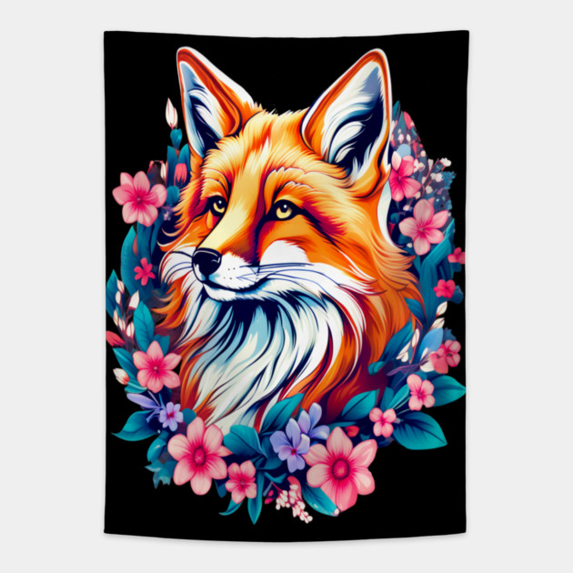 Red Fox with Bold Flowers Tapestry by BirdsnStuff