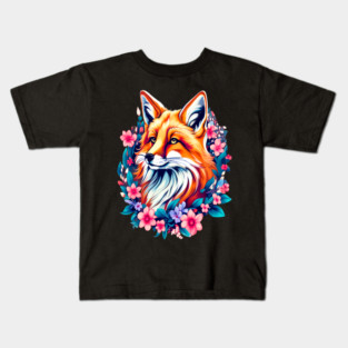 Red Fox with Bold Flowers Kids T-Shirt