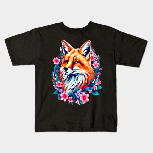 Red Fox with Bold Flowers Kids T-Shirt by BirdsnStuff