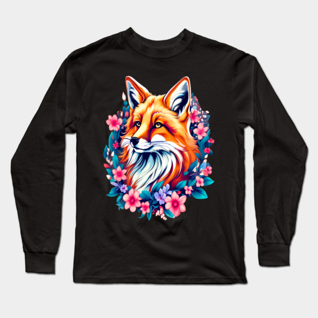 Red Fox with Bold Flowers Long Sleeve T-Shirt by BirdsnStuff