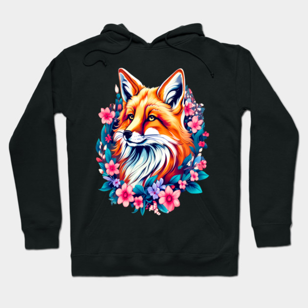 Red Fox with Bold Flowers Hoodie by BirdsnStuff